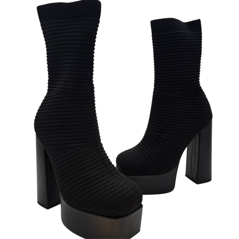 KYX Black‎ Ribbed Sock Ankle Boots Platform Chunky Heel Size 8 Unworn